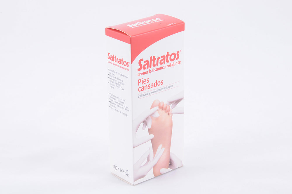Saltratos White and red plastic tube and cardboard box of foot cream, simple clinical design, foot illustration
