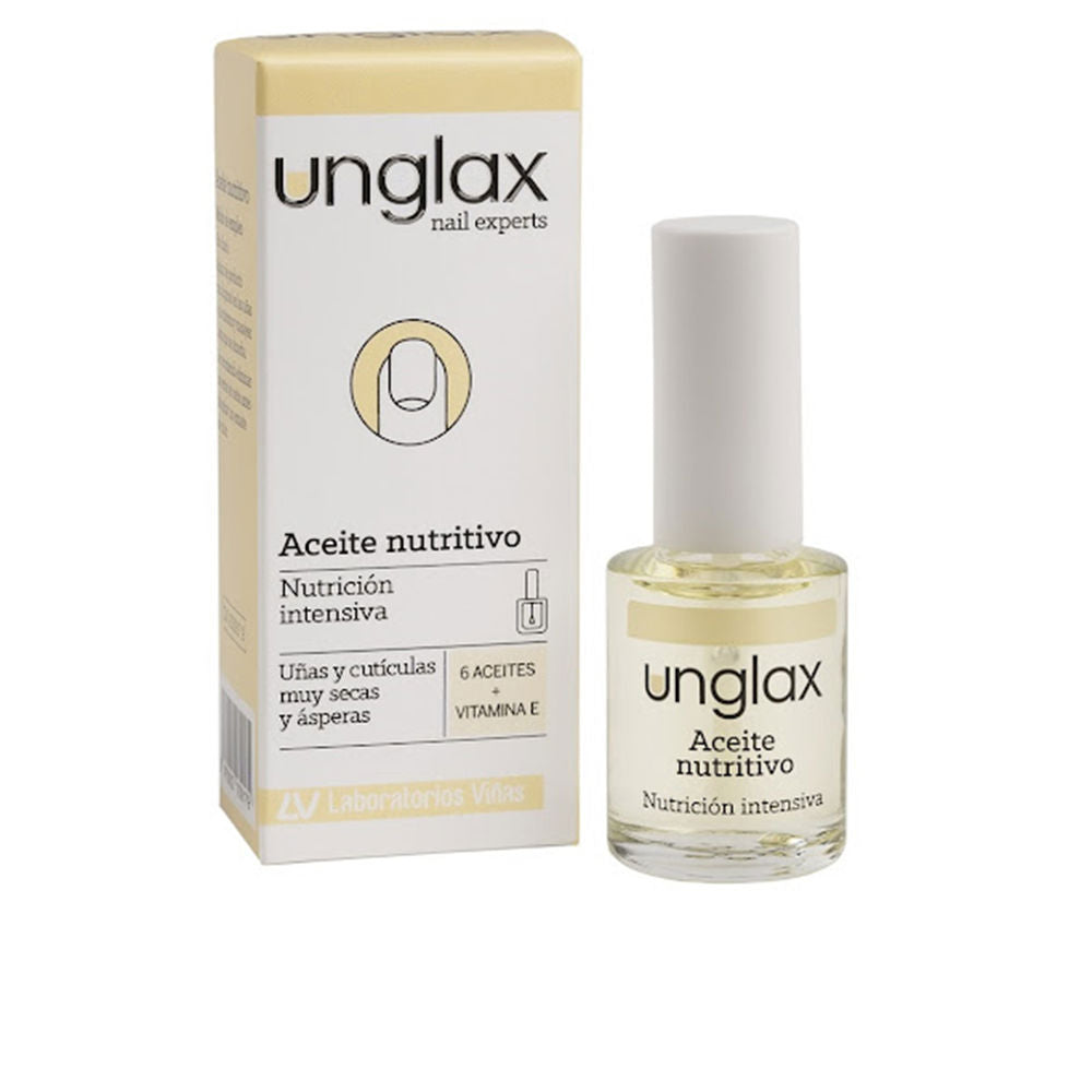Unglax Minimalist small glass nail oil bottle with white cap, beige box, transparent oil, labeled with text and nail illustration