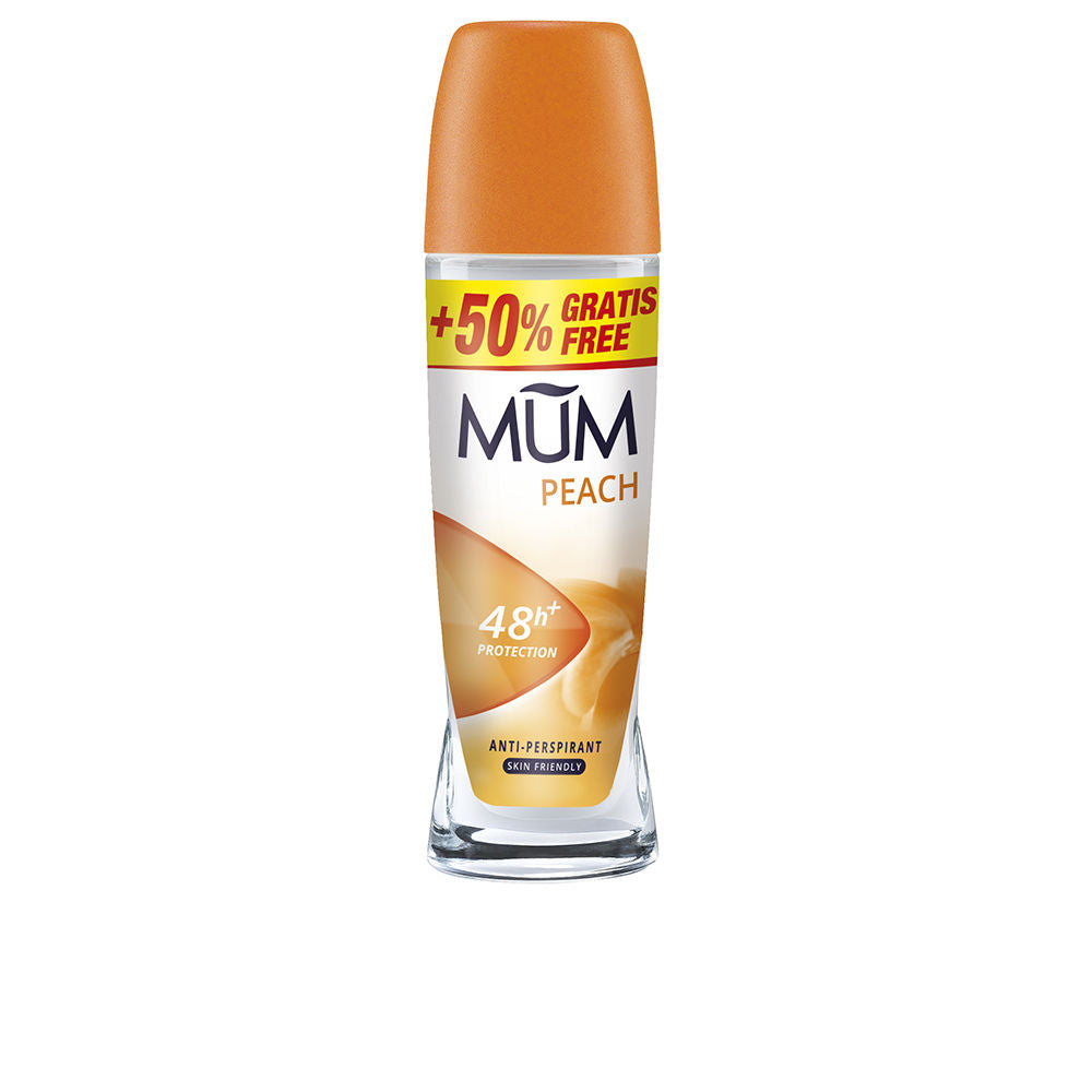 Peach-scented Mum roll-on deodorant bottle for gentle, long-lasting protection