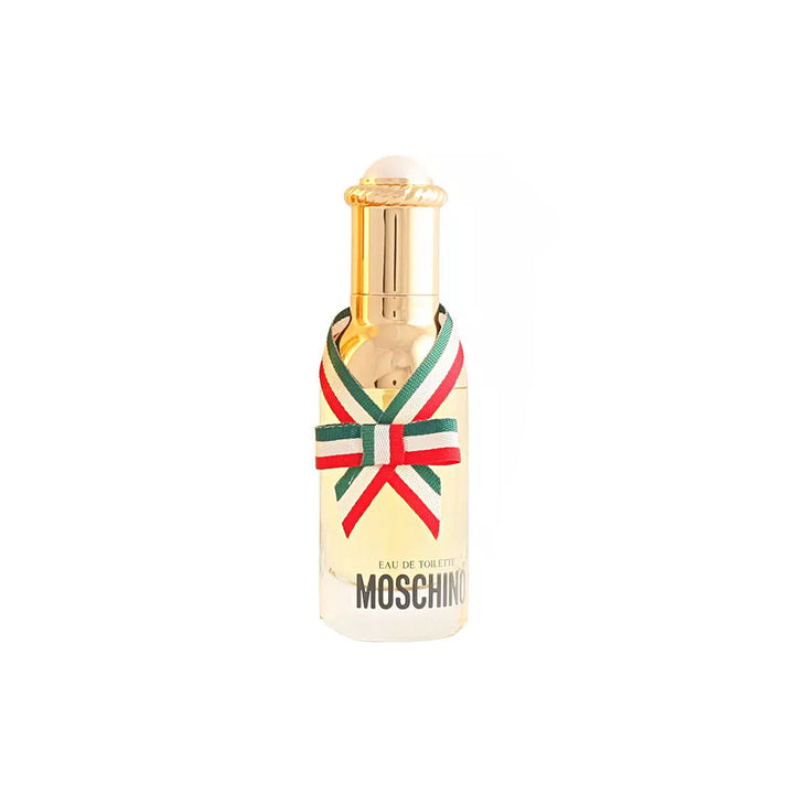 Tall glass Moschino perfume bottle with a decorative golden bow, elegant silhouette.