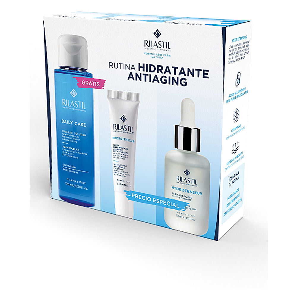 Rilastil Blue, white, and silver skincare set in plastic and glass: bottle with flip cap, dropper, tube.