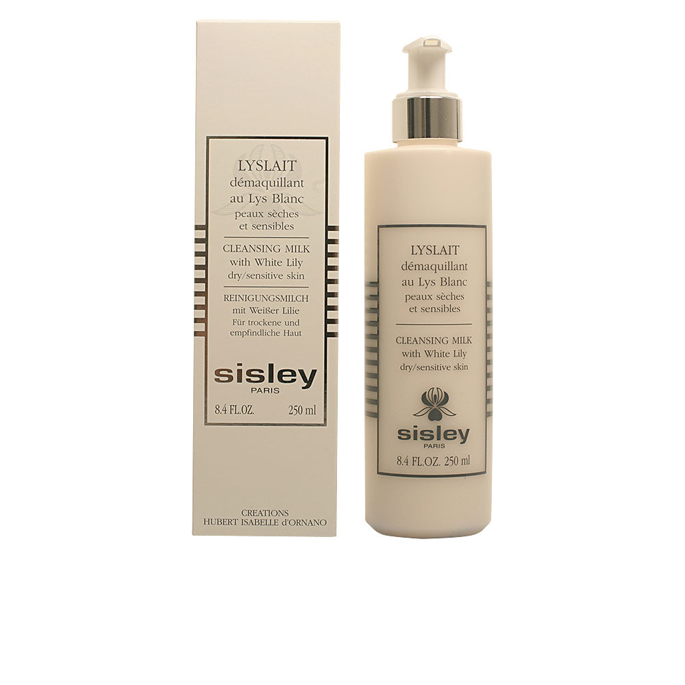 Sisley Off-white cleansing milk bottle with pump, rectangular box, black label text and minimalist lines