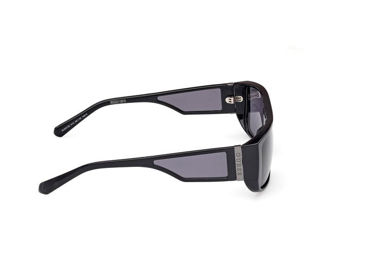 Guess rectangular black plastic sunglasses with thick frame, dark tinted lenses, straight temples, lens logo