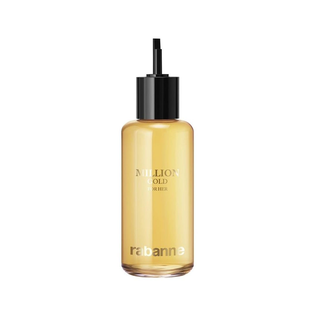 Golden multifaceted Rabanne Million Gold for Her perfume bottle with XL link accessory