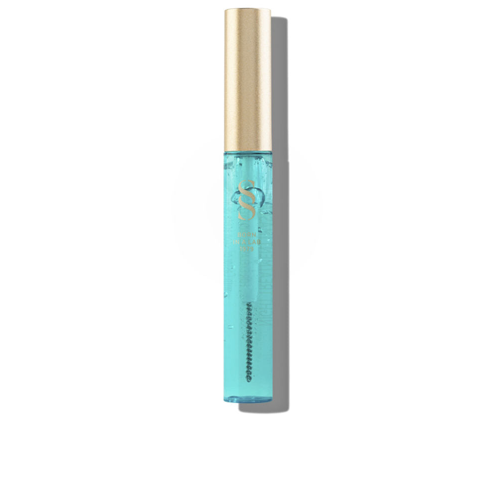 Blue and gold transparent plastic tube with gold cap, brush applicator and visible gel, Sensilis