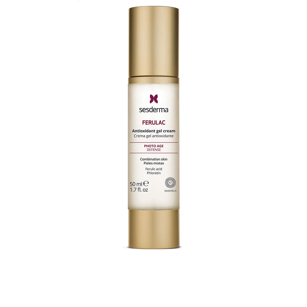Sesderma Gold-and-white cylindrical plastic bottle with pump dispenser, printed label and gold caps