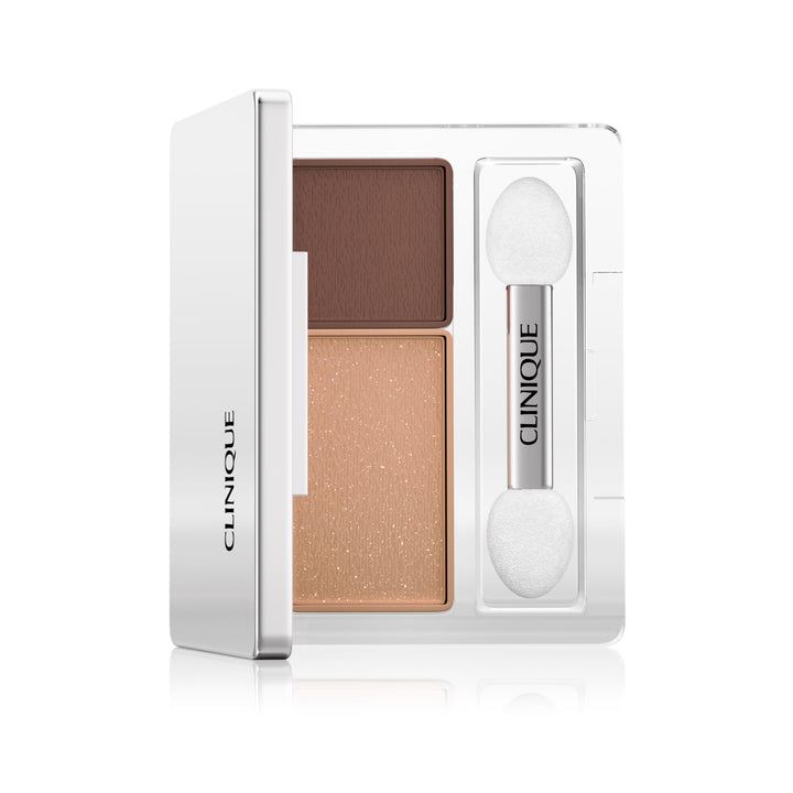 Compact quad of four brown eyeshadows with brush and sponge applicator