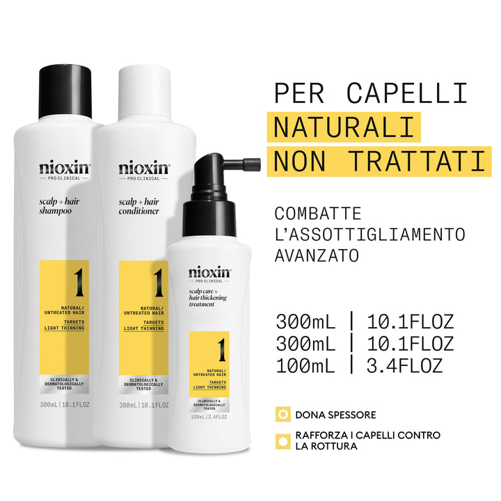 Three scalp-care bottles set: shampoo, conditioner and leave-in treatment, Unisex system