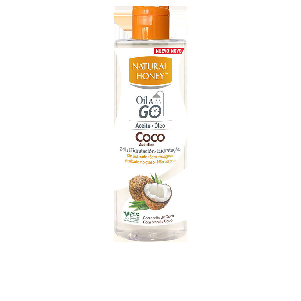 Natural Honey coconut body oil in transparent plastic bottle with flip-top cap, coconut image, orange white brown