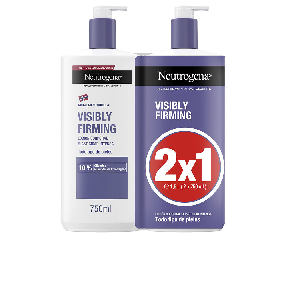 Tall recyclable bottle of Neutrogena Visibly Firming Body Lotion with pump dispenser