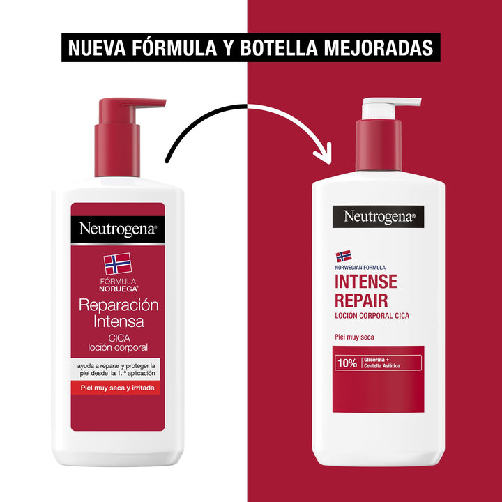 Neutrogena Dual plastic pump bottles of white and dark red body lotion with prominent logo and large labeled measurements