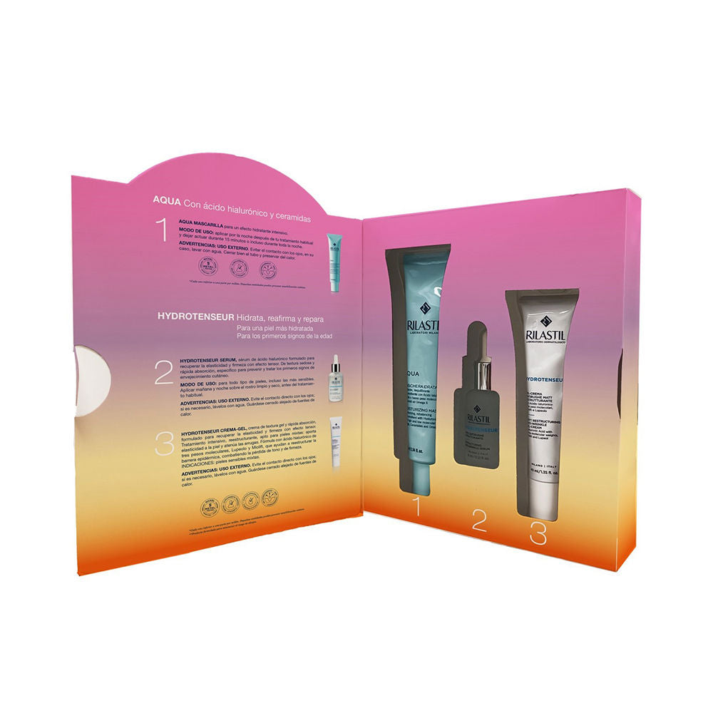 Rilastil Three numbered plastic tubes in pink-to-orange gradient with cardboard box, cut-out windows and left-panel descriptions