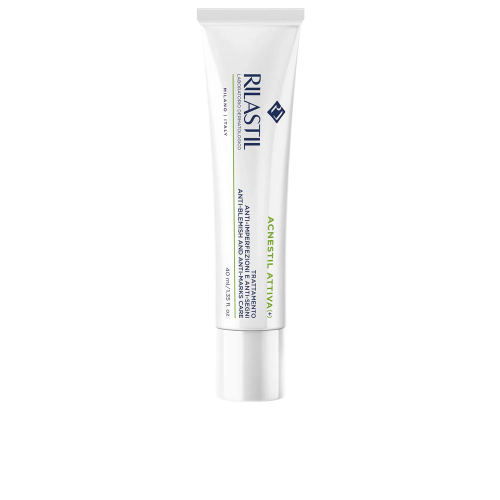Rilastil White plastic tube with printed text and logo, screw cap visible, compact skin treatment cream packaging