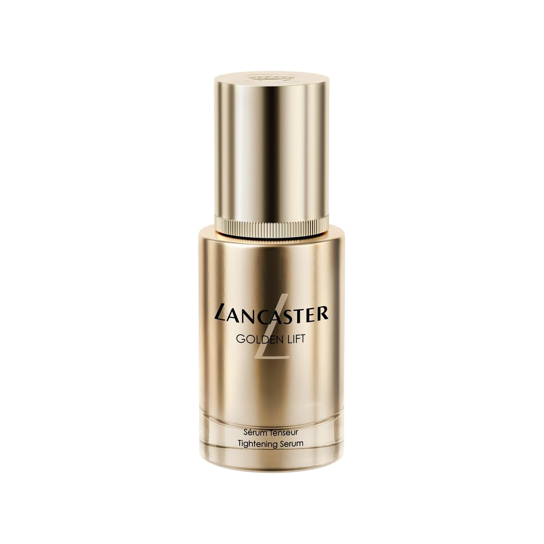 Lancaster Golden Lift Tightening Serum in frosted glass bottle with pump, warm golden liquid visible