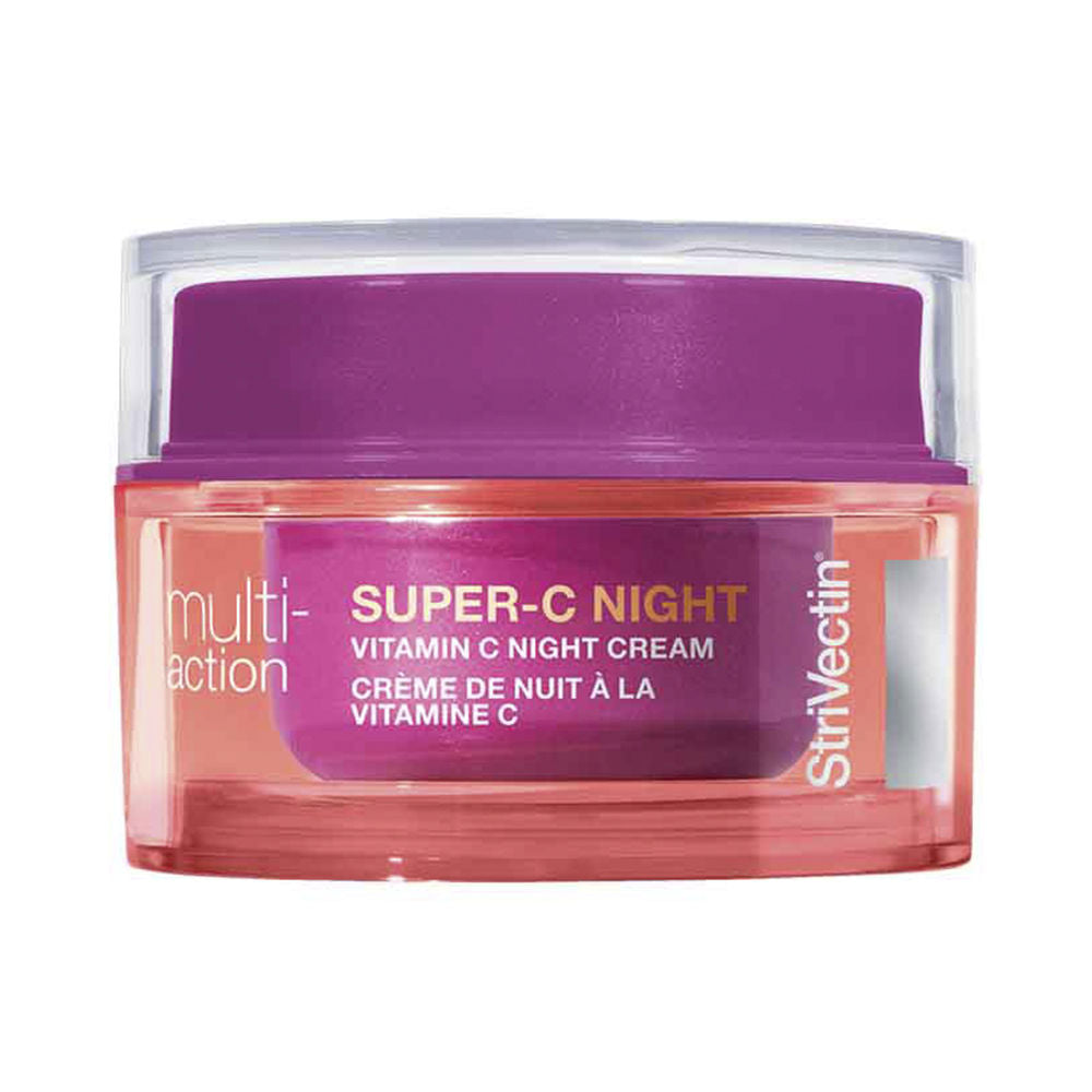 Jar of Strivectin hydrating night cream on neutral background, nighttime skincare