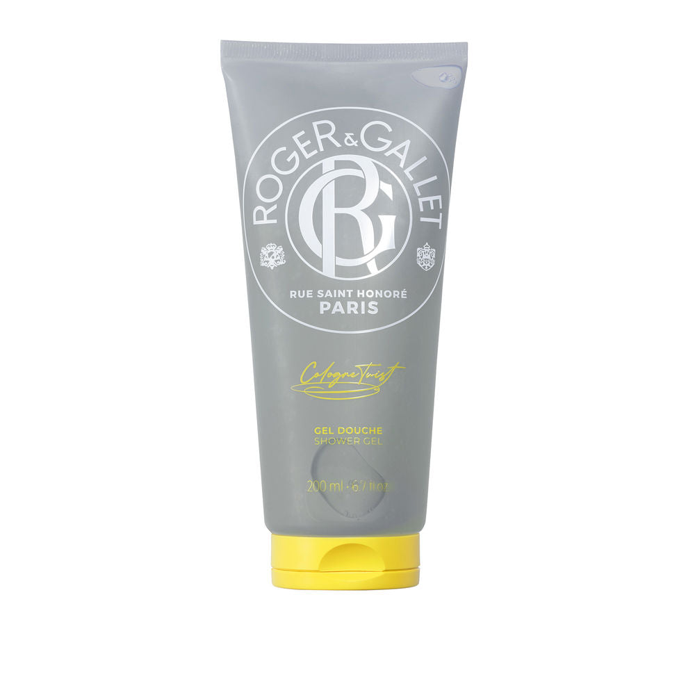 Roger & Gallet Tube of gray plastic shower gel with yellow flip-top cap, printed logo, white and yellow text, circular emblem