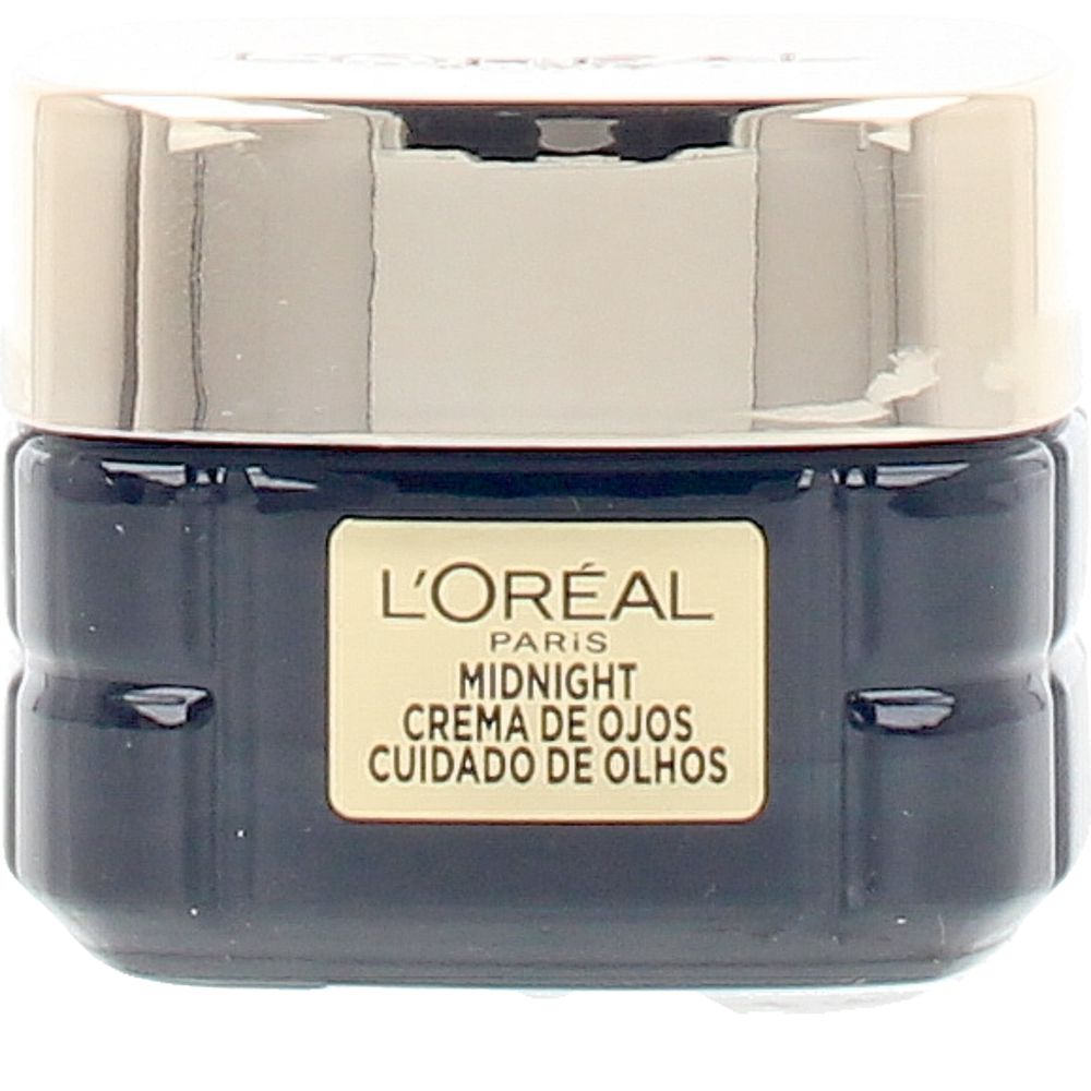 L'Oréal Paris Black and gold square glass jar eye cream with reflective gold lid, clear label text, luxe finish