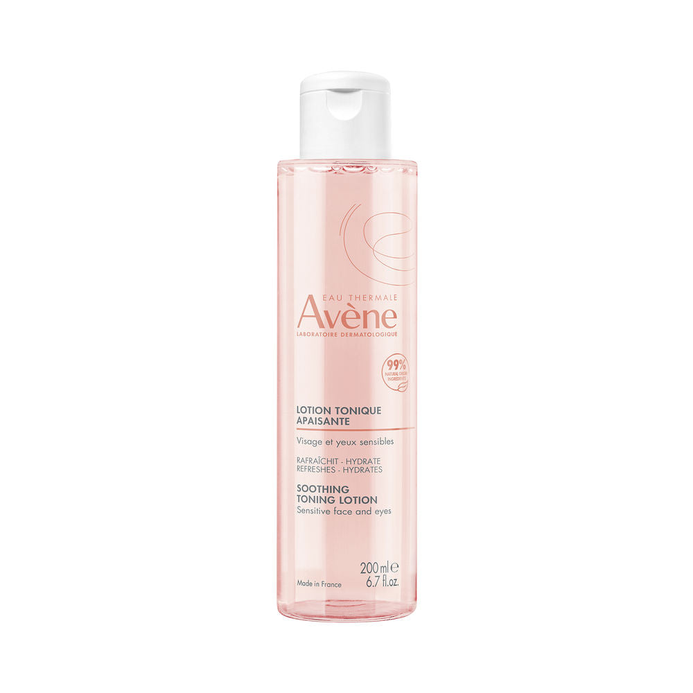 Bottle of Avène alcohol-free soothing toning lotion with calming thermal spring water