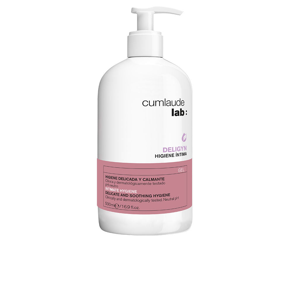 Cumlaude Lab Minimalist plastic pump bottle of white intimate hygiene gel with pink rectangular label, .