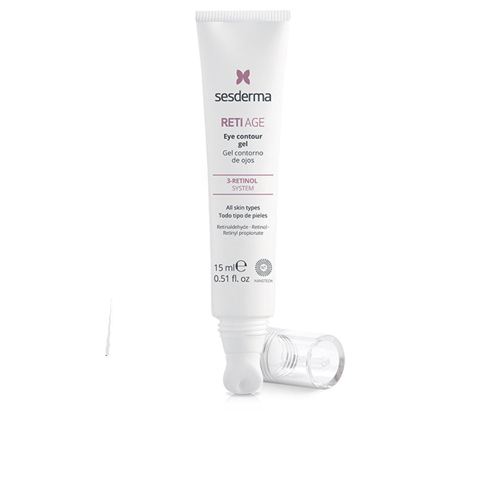 Sesderma White plastic tube of RETI-AGE eye contour gel with clear cap and applicator tip, minimalist clean design.