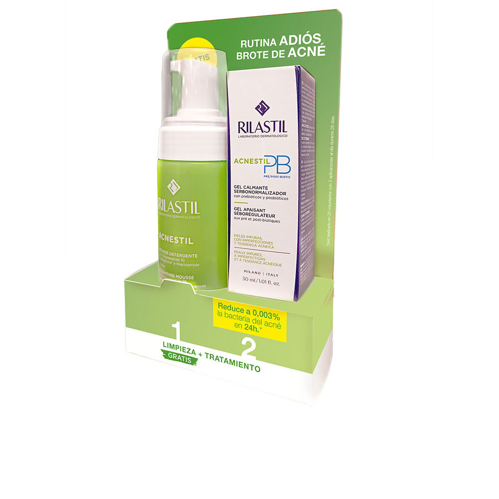 Modern clinical skincare set with green, white, purple, yellow packaging; plastic pump bottle and cardboard box (Rilastil)