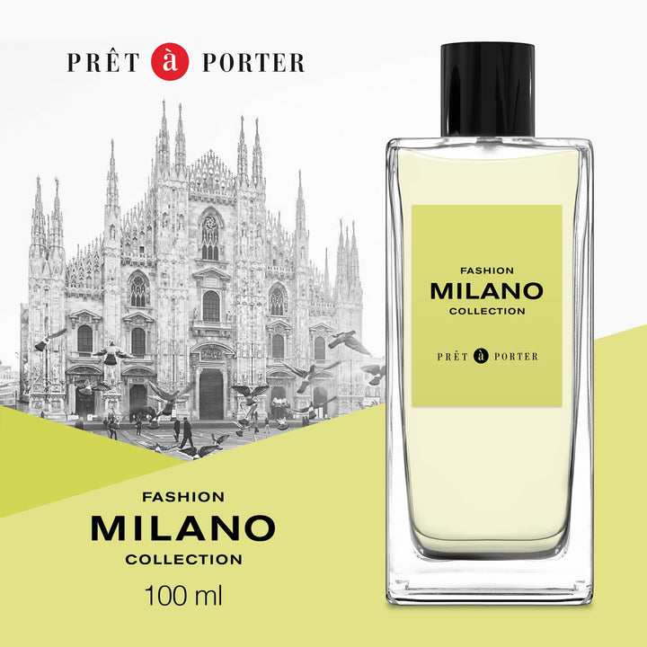 Pret-a-porter Minimalist rectangular glass perfume bottle with black cap, yellow label text, transparent light‑yellow liquid