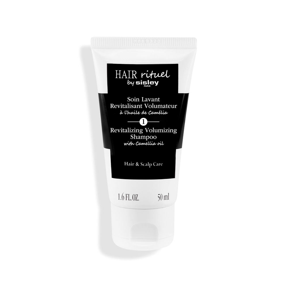 50 ml bottle of volumising shampoo with camellia and shea, white label