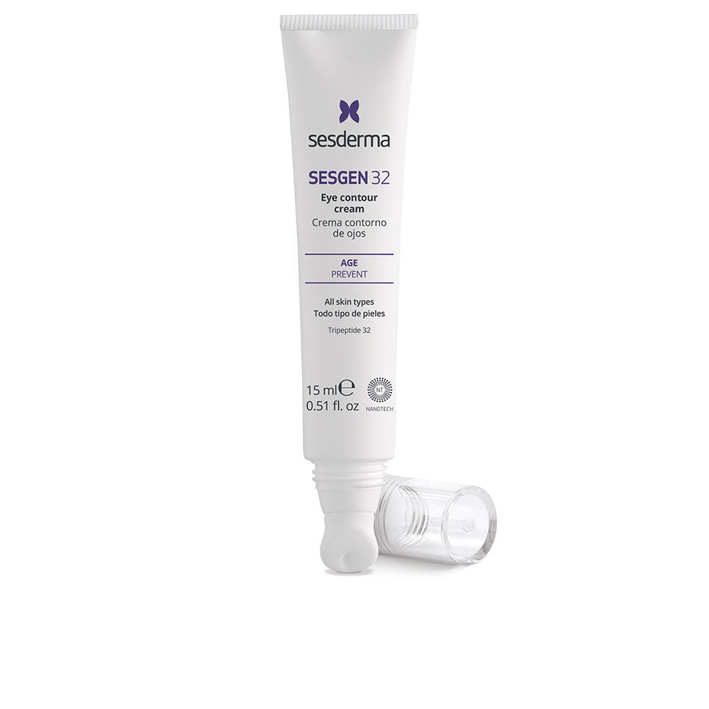 Jar of Sesderma Sesgen 32 eye cream beside soft brush and neutral cloth