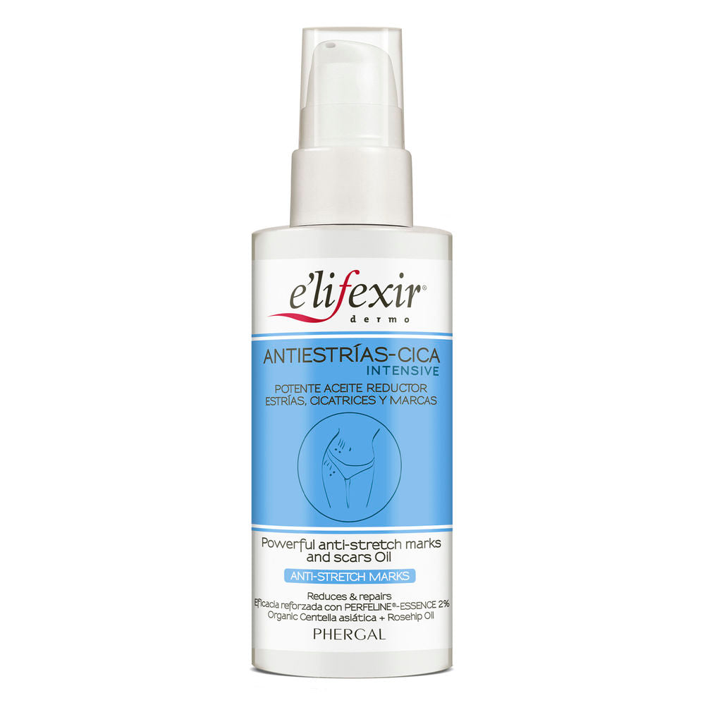 Minimalist white plastic bottle with pump, blue rectangular label section and delicate illustration, E'lifexir