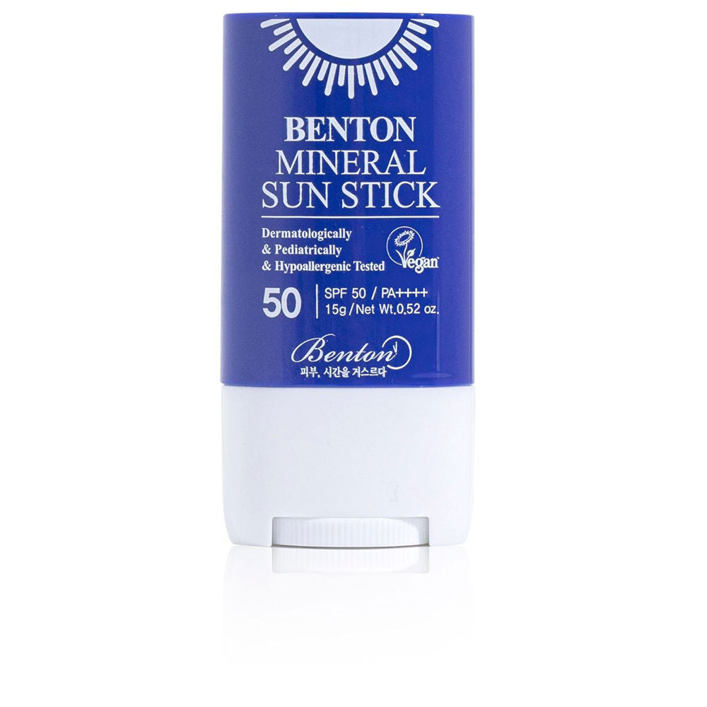 Benton Blue-and-white rectangular plastic sun stick with twist-up dial, printed text, logo, and sun icon