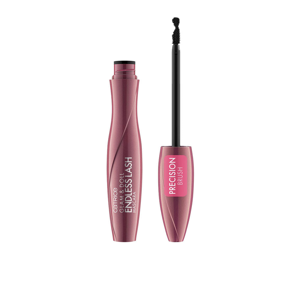 Catrice Metallic pink plastic mascara tube with curved shape, precision black brush wand and text labels