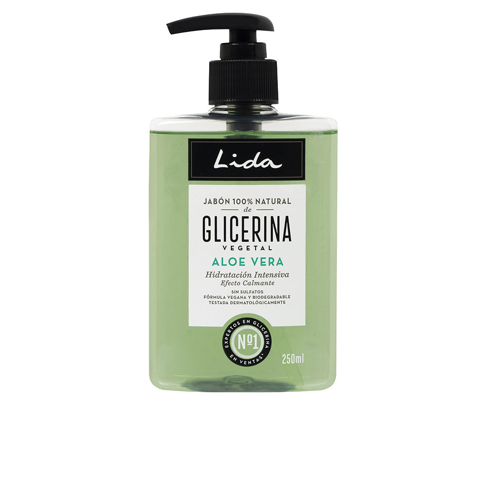Lida Green liquid soap in rectangular transparent plastic bottle with pump, white label, black cap, 250ml markings