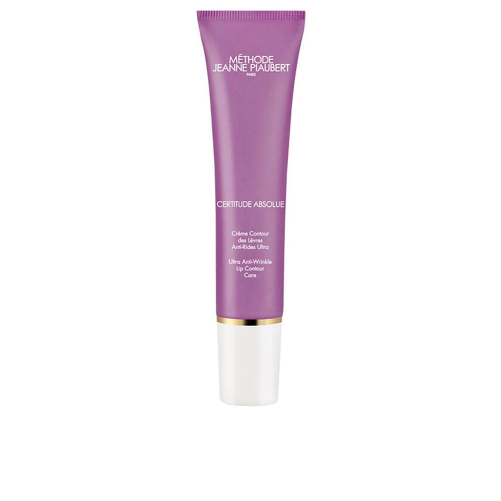 Jeanne Piaubert Purple plastic squeezable lip cream tube with white cap, gold accent ring and printed text