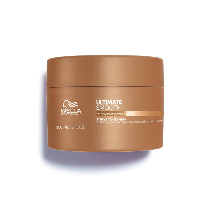 Jar of rich cream hair mask labelled Ultimate Smooth, 150 ml, for dry frizzy hair