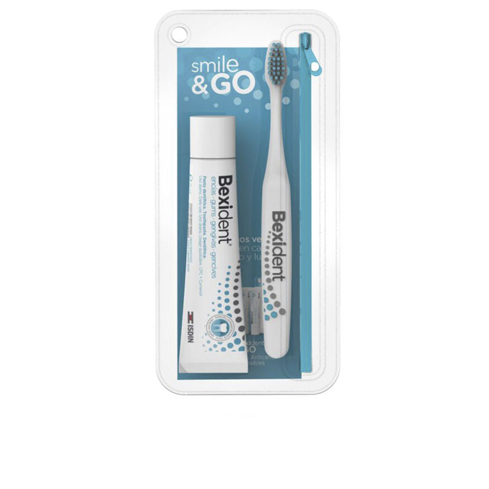 Isdin White and blue toothbrush with matching toothpaste tube and hanging-packaging, modern clean plastic presentation
