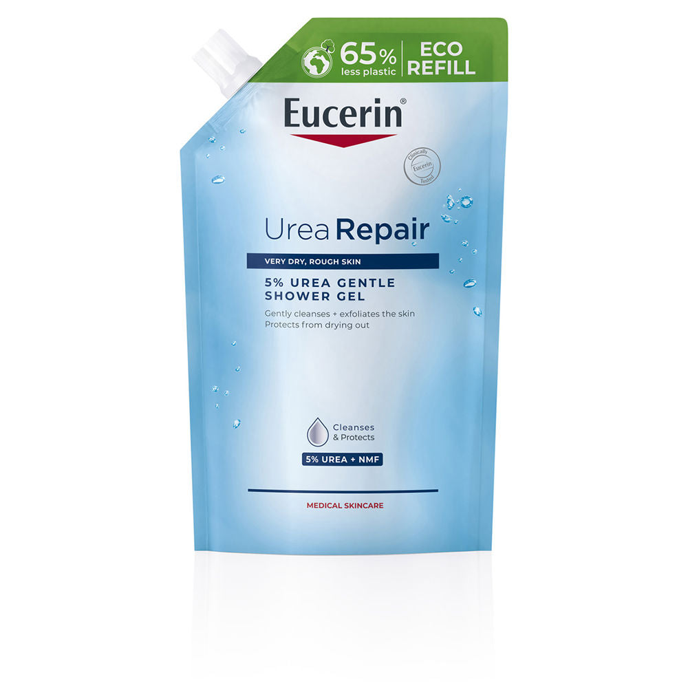 Blue, green and white plastic shower gel refill pouch with spout and water-droplet graphics, Eucerin.