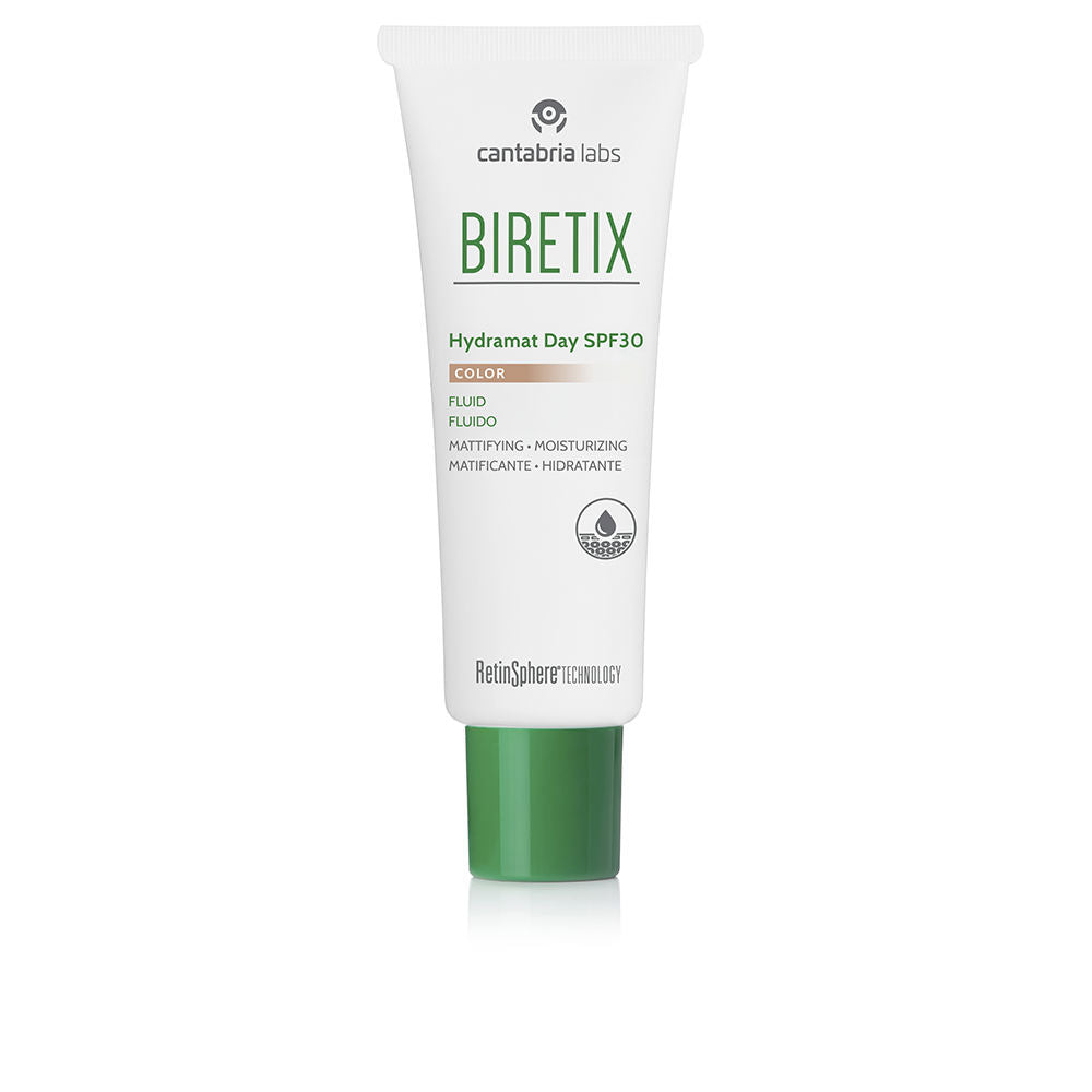 Biretix Slim white and green plastic tube with matte finish, green screw cap, printed text and logo, compact