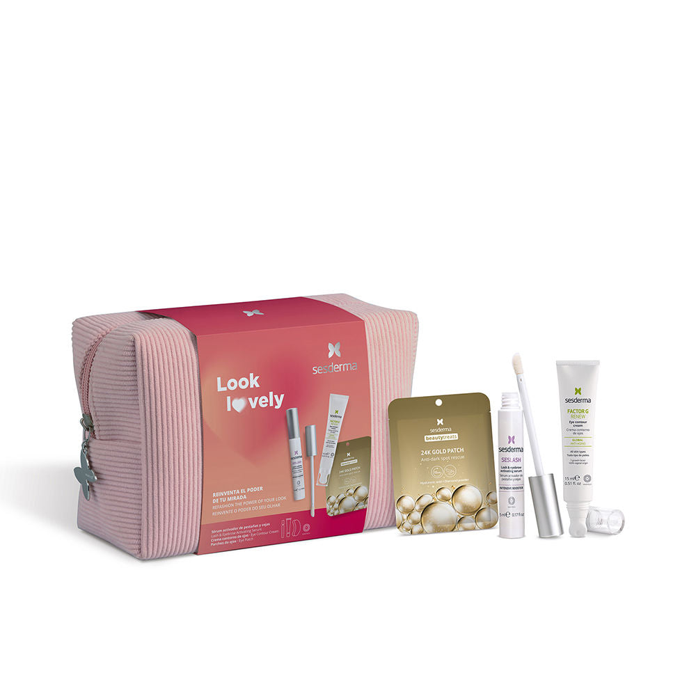 Sesderma Pink corduroy rectangular cosmetic bag with zipper, soft casual texture, visible skincare packaging