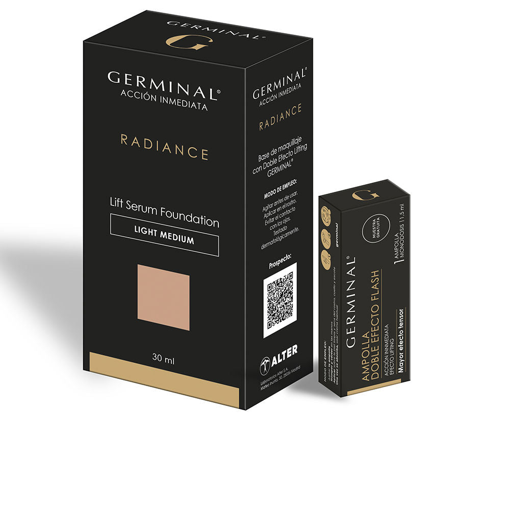 Black and gold boxed foundation with beige sample sticker, minimalist cardboard packaging, visible QR code, Germinal