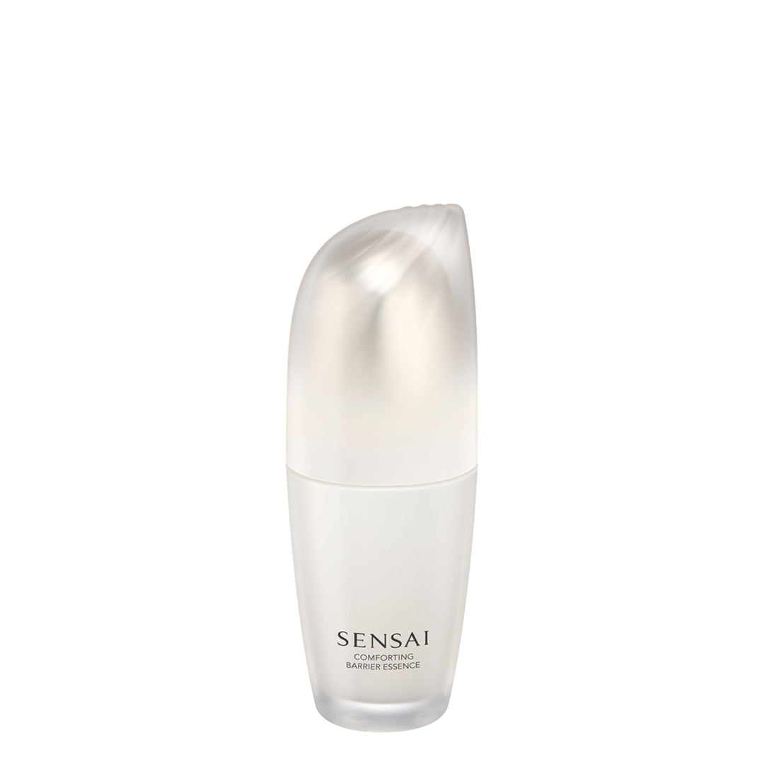 Sensai glass serum bottle with dropper, pale translucent liquid and minimal white label on neutral backdrop.