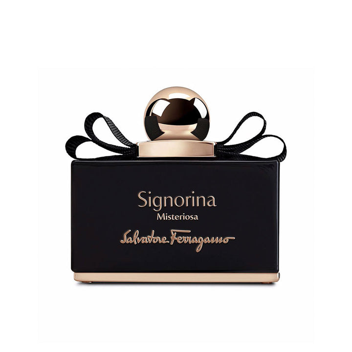 Salvatore Ferragamo Opaque black rectangular glass perfume bottle with gold spherical cap, black ribbon bow, and gold text branding.
