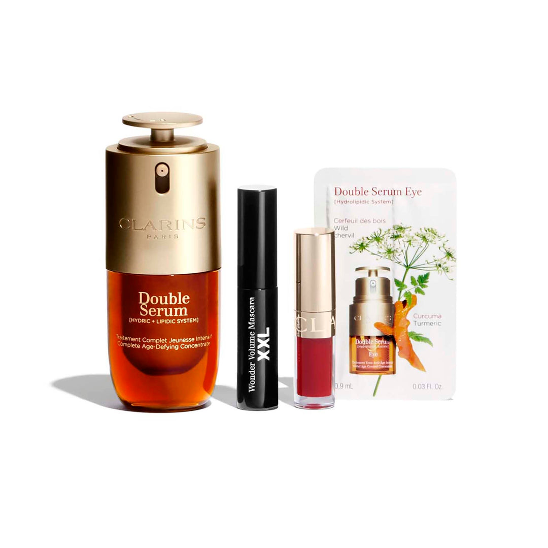 Glass bottle with dual-phase oil and gel serum, pump dispenser, botanical ingredients listed