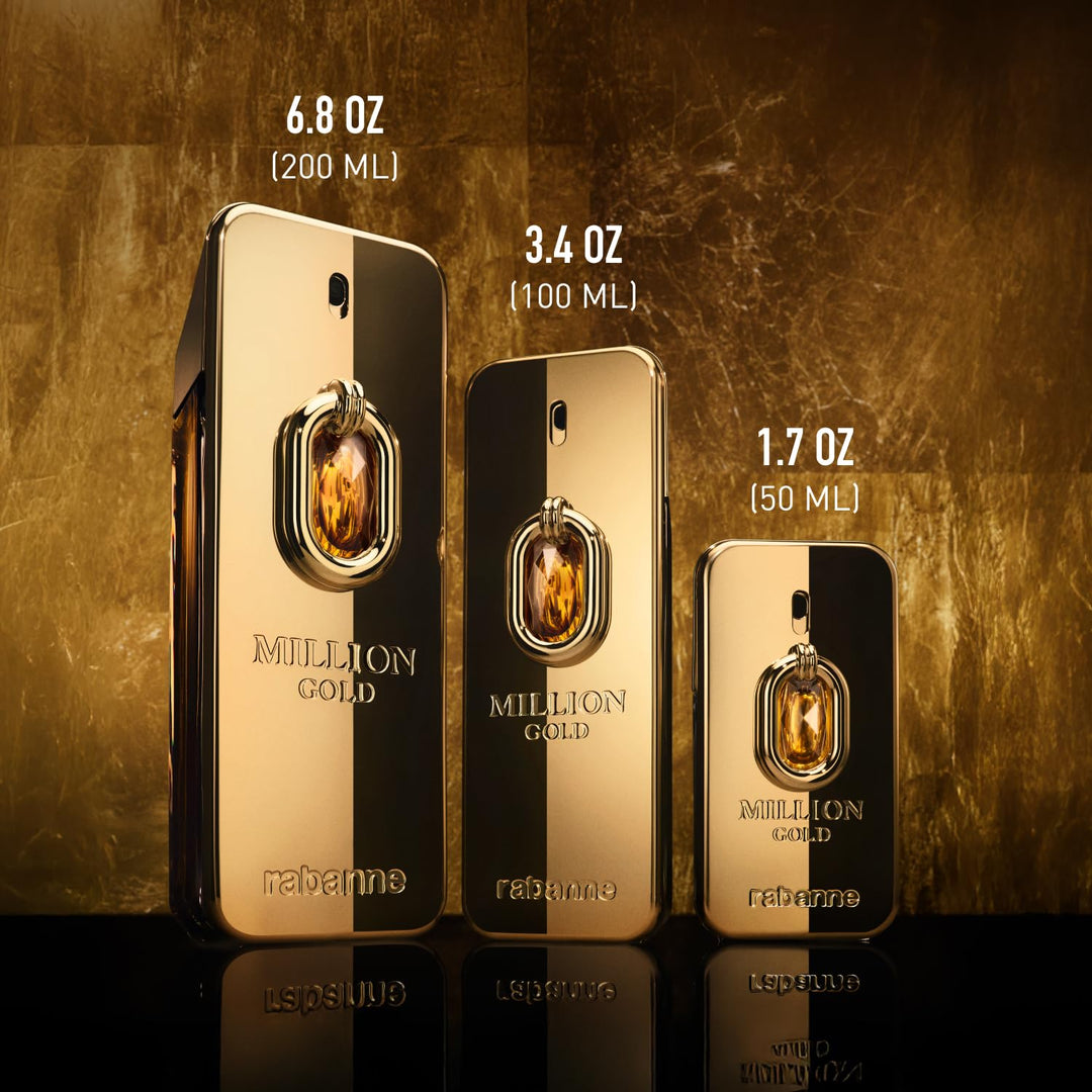 Rabanne Gold-toned hexagonal perfume bottle with textured finish and faceted cap, photographed on warm background.