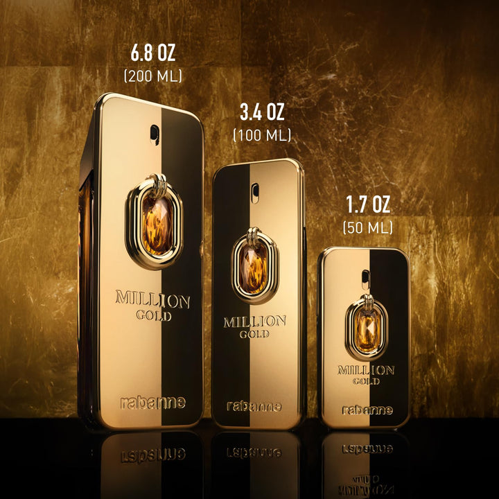 Rabanne Gold-toned hexagonal perfume bottle with textured finish and faceted cap, photographed on warm background.
