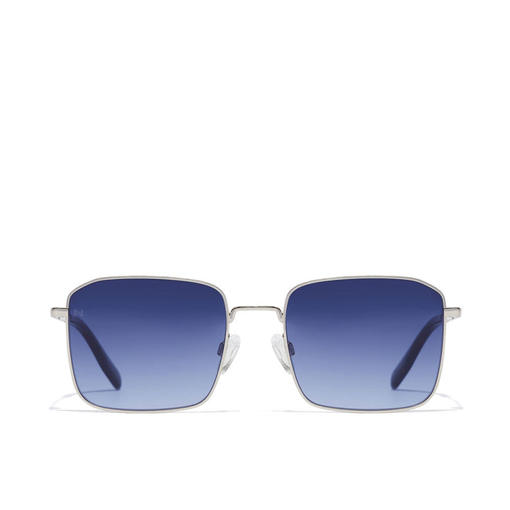 Hawkers Silver square metal sunglasses with blue gradient lenses, thin metal frame, adjustable nose pads, modern minimalist style