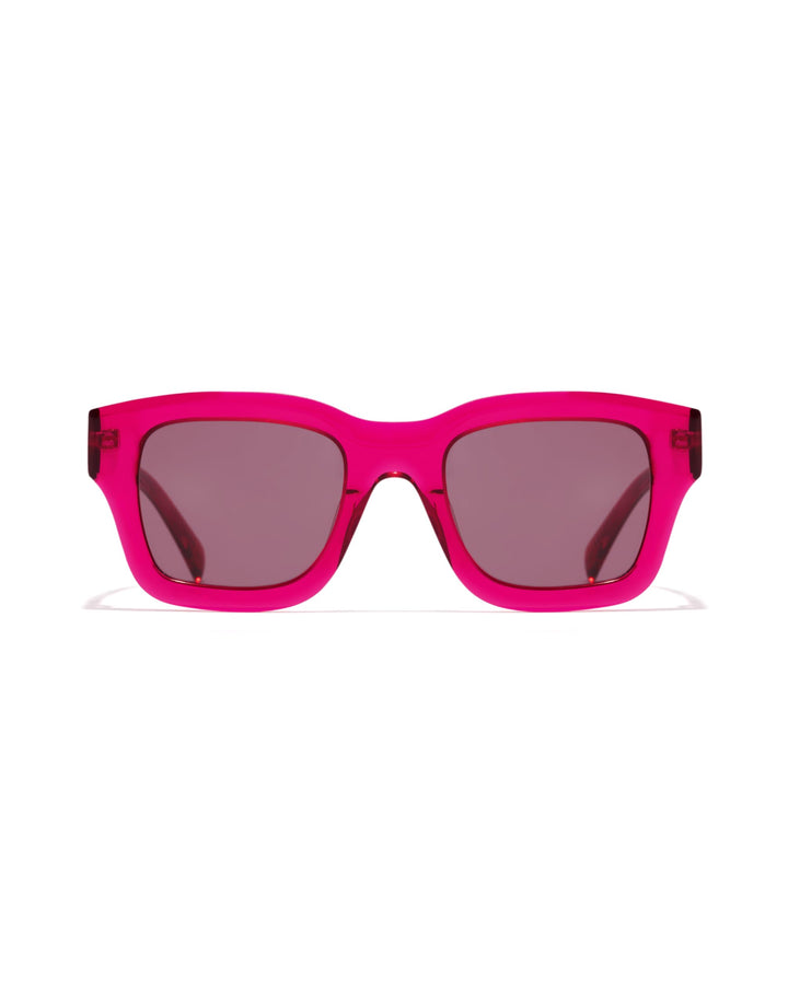 Hawkers Pink transparent plastic square sunglasses with thick frame, rectangular lenses and dark tinted lenses