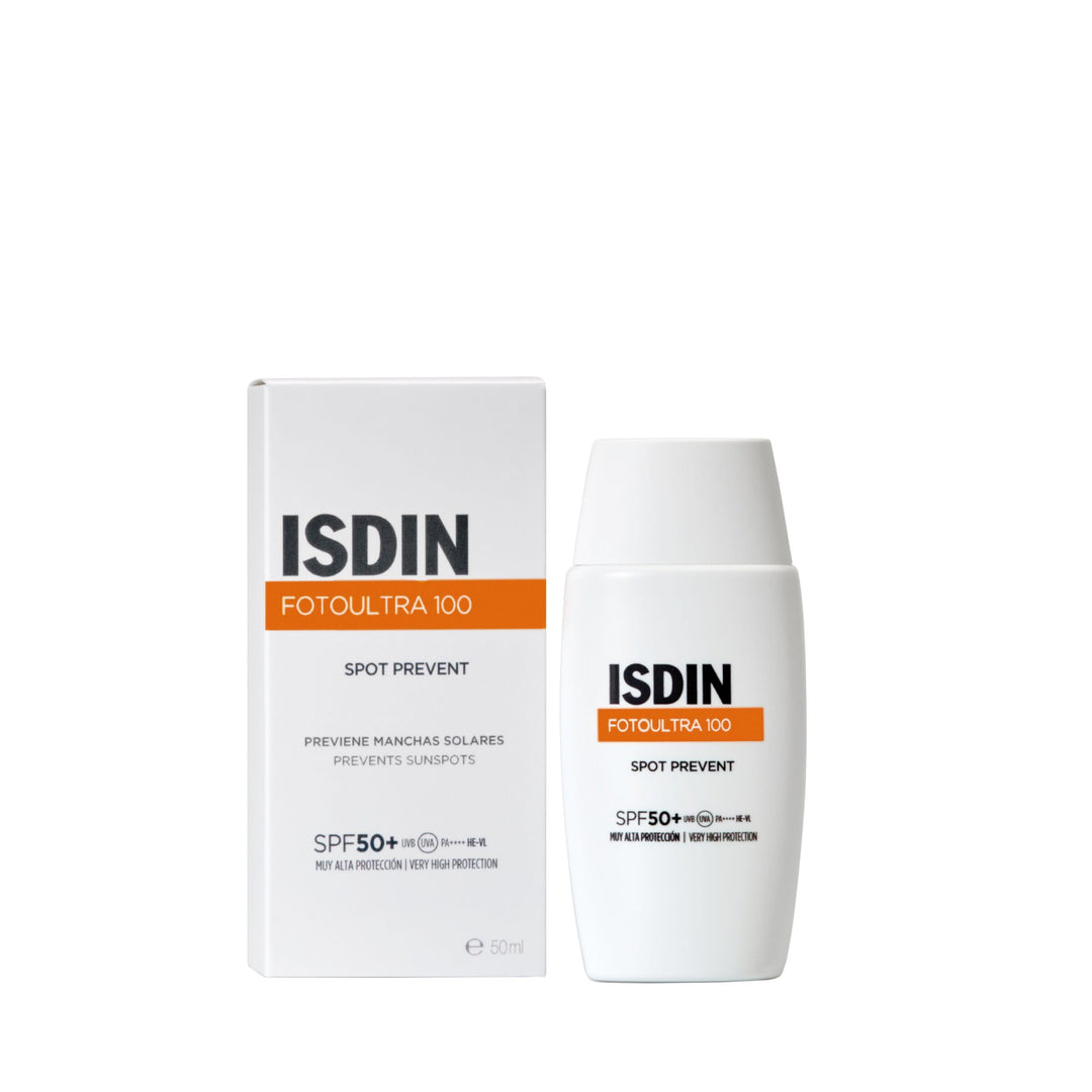 Small cylindrical sunscreen bottle with white label reading Spot Prevent SPF 50+, clean pump top, Isdin