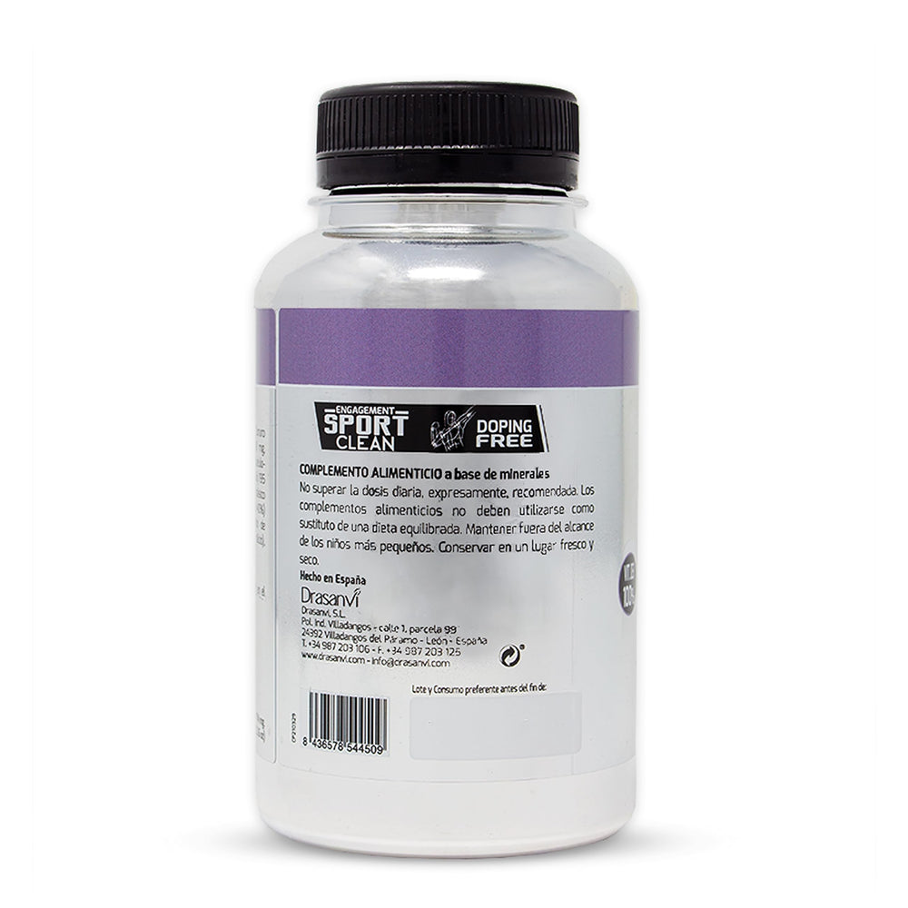Drasanvi Plastic dietary supplement bottle with black screw cap, purple label, silver accents, logo, nutrition icons