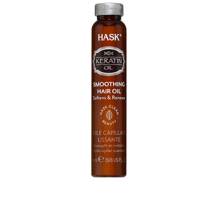 Small 18 ml clear bottle of lightweight keratin hair oil, travel size