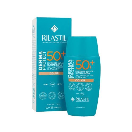 Rilastil Tinted sunscreen fluid bottle with pump, sheer beige tint, SPF 50+ labeling, clean modern packaging